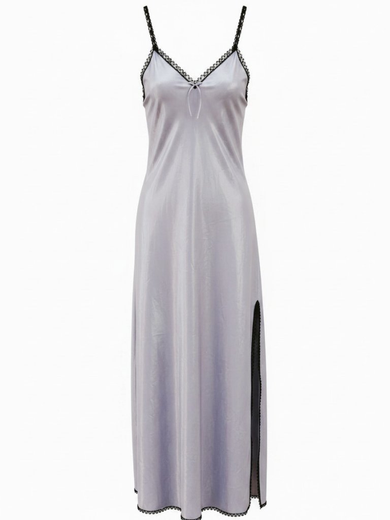 Vintage Satin Slip Dress Lingerie Lavendar Grey Black Crochet Lace Trim Slit S